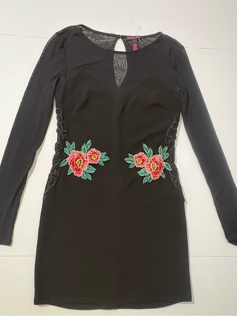 Material Girl Black Long-Sleeve Bodycon Dress with Pink & Green Floral Appliqués